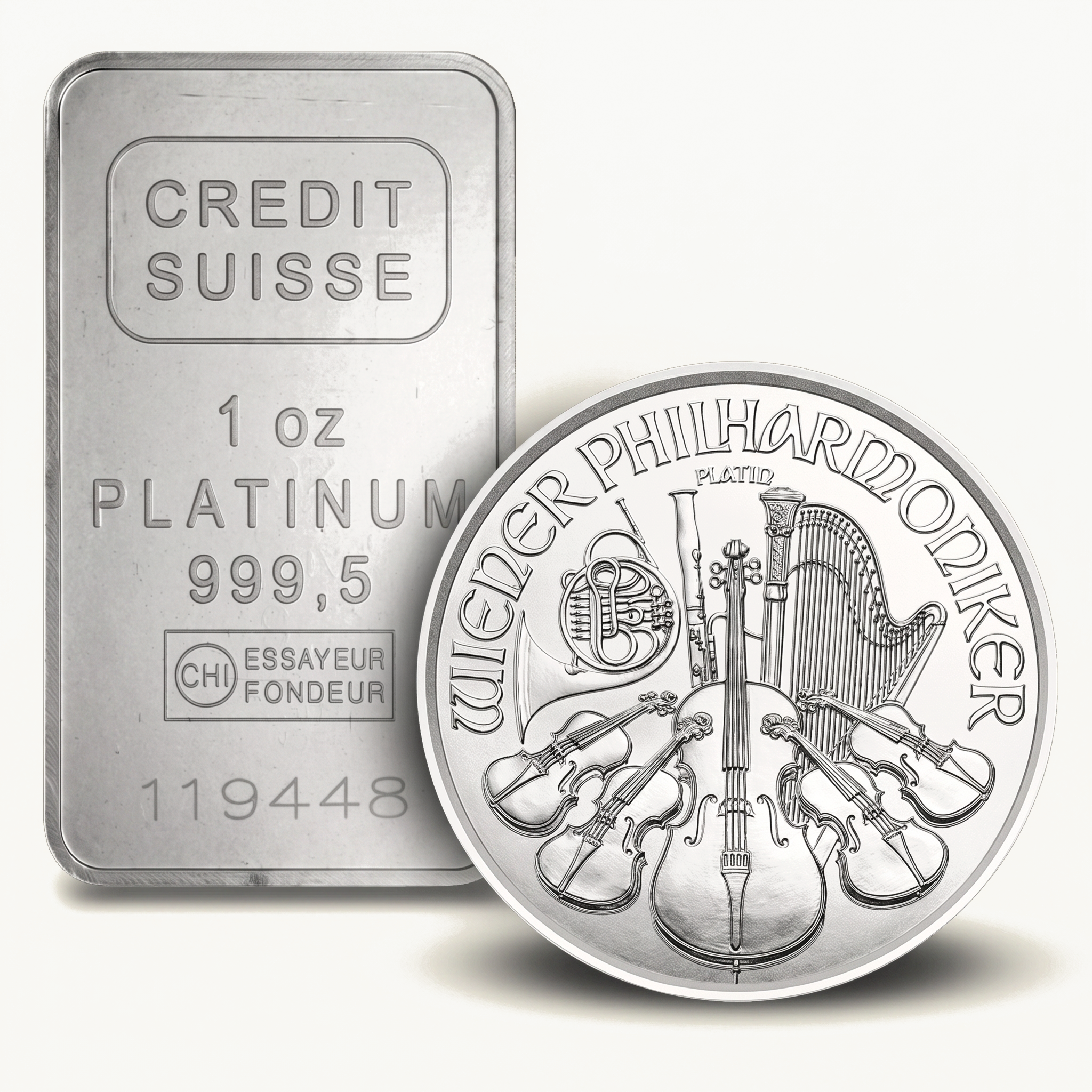 Credit Suisse 1 oz Platinum bar with Austrian Philharmonic platinum coin