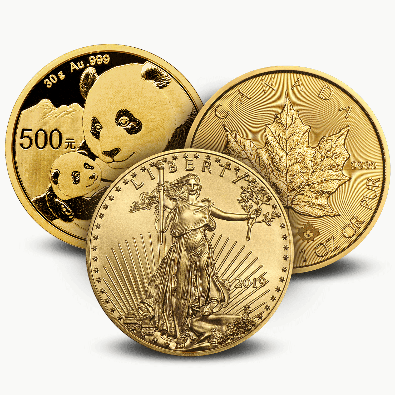Chinese Gold Panda 30g, Canadian Gold Maple Leaf 1 oz, and American Gold Eagle bullion coins